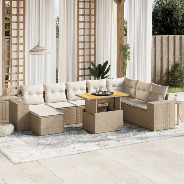vidaXL 9 Piece Garden Sofa Set with Cushions Beige Poly Rattan