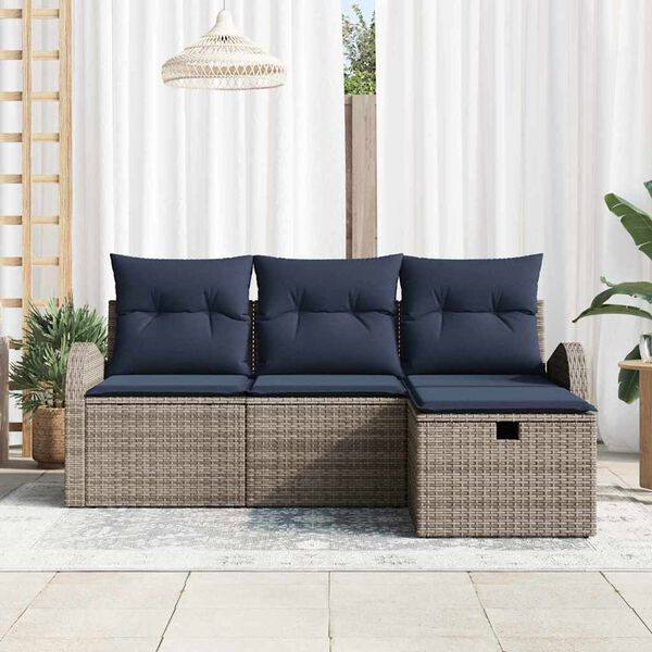 vidaXL Sofa Set with Cushion Manual 4 pcs Grey and Navy Poly Rattan
