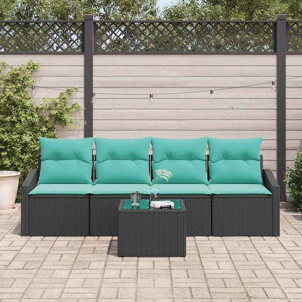 vidaXL Sofa Set with Cushion 5 pcs Black and Turquiose Poly Rattan