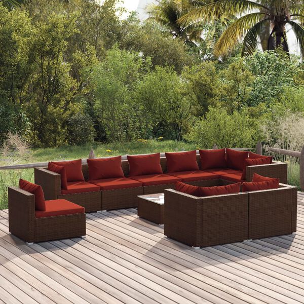 vidaXL 10 Piece Garden Lounge Set with Cushions Poly Rattan Brown