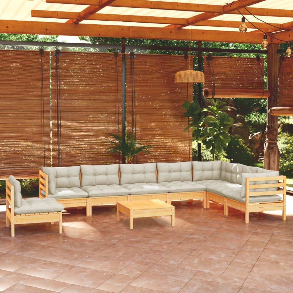 vidaXL 9 Piece Garden Lounge Set with Cream Cushions Solid Pinewood