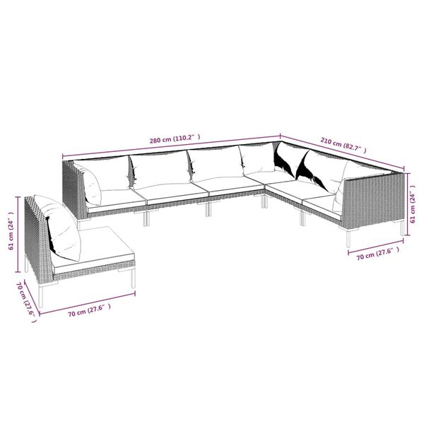 vidaXL 7 Piece Garden Lounge Set with Cushions Poly Rattan Dark Grey
