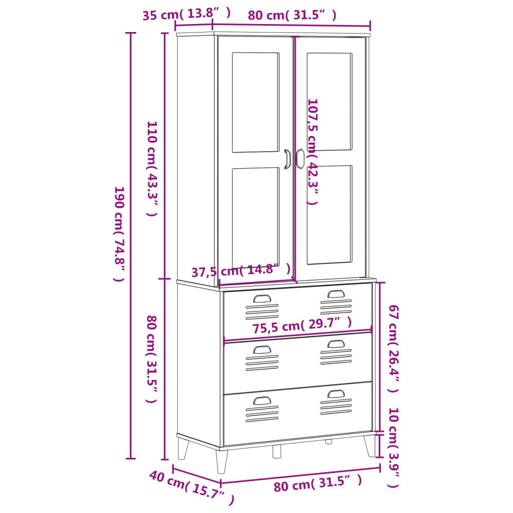vidaXL Highboard VIKEN White 80x40x190 cm Solid Wood Pine