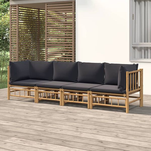 vidaXL 4 Piece Garden Lounge Set with Dark Grey Cushions Bamboo