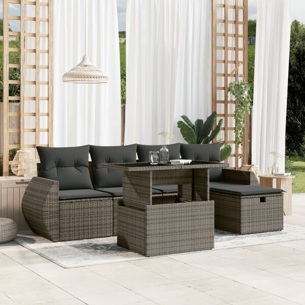 vidaXL 6 Piece Garden Sofa Set with Cushions Grey Poly Rattan