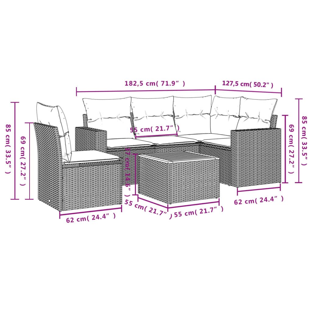 vidaXL 6 Piece Garden Sofa Set with Cushions Grey Poly Rattan