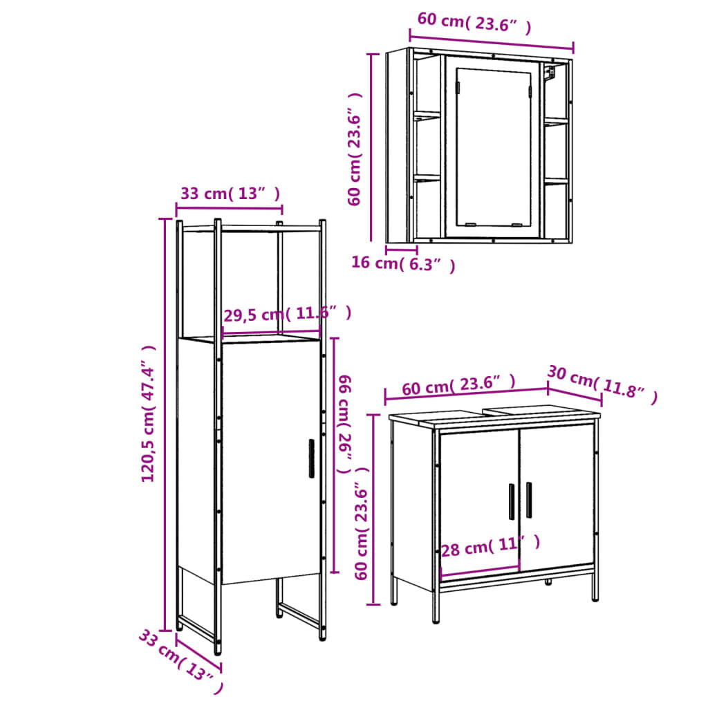 vidaXL 3 Piece Bathroom Cabinet Set Black Engineered Wood