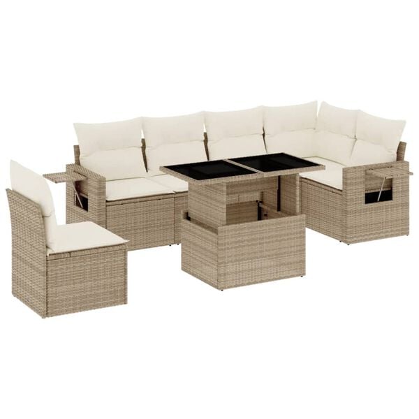 vidaXL 7 Piece Garden Sofa Set with Cushions Beige Poly Rattan