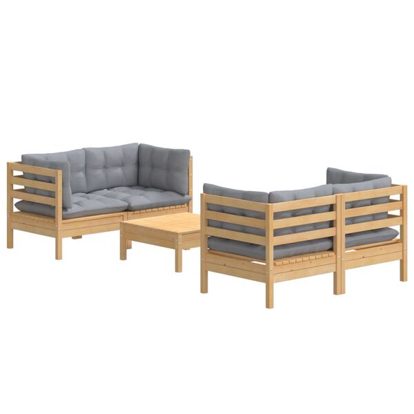 vidaXL 5 Piece Garden Lounge Set with Grey Cushions Pinewood