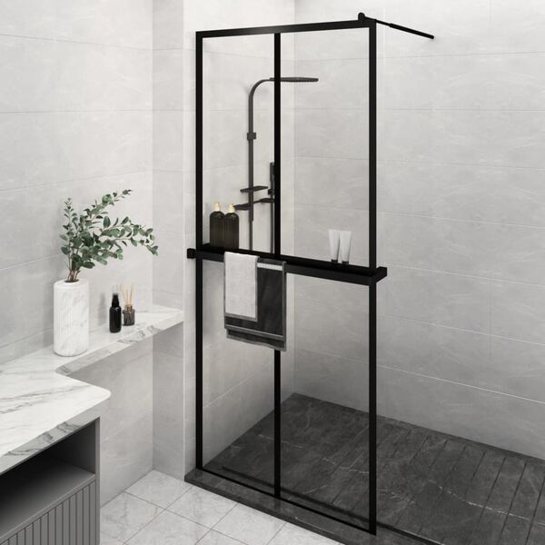 vidaXL Walk-in Shower Wall with Shelf Black 100x195 cm ESG Glass&Aluminium