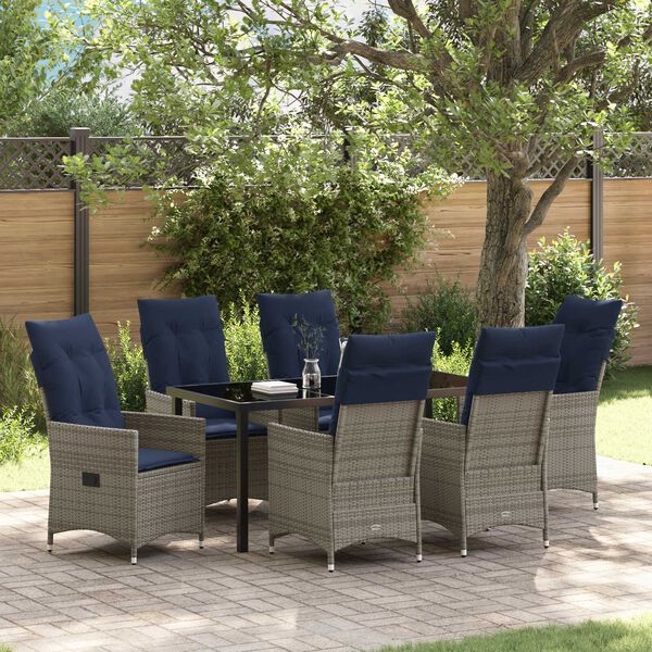 vidaXL Table and Chair Set with Cushion 7 pcs Grey PE Rattan