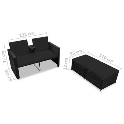 vidaXL 3 Piece Garden Lounge Set with Cushions Poly Rattan Black