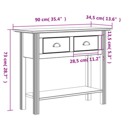 vidaXL Console Table BODO White 90x34.5x73 cm Solid Wood Pine