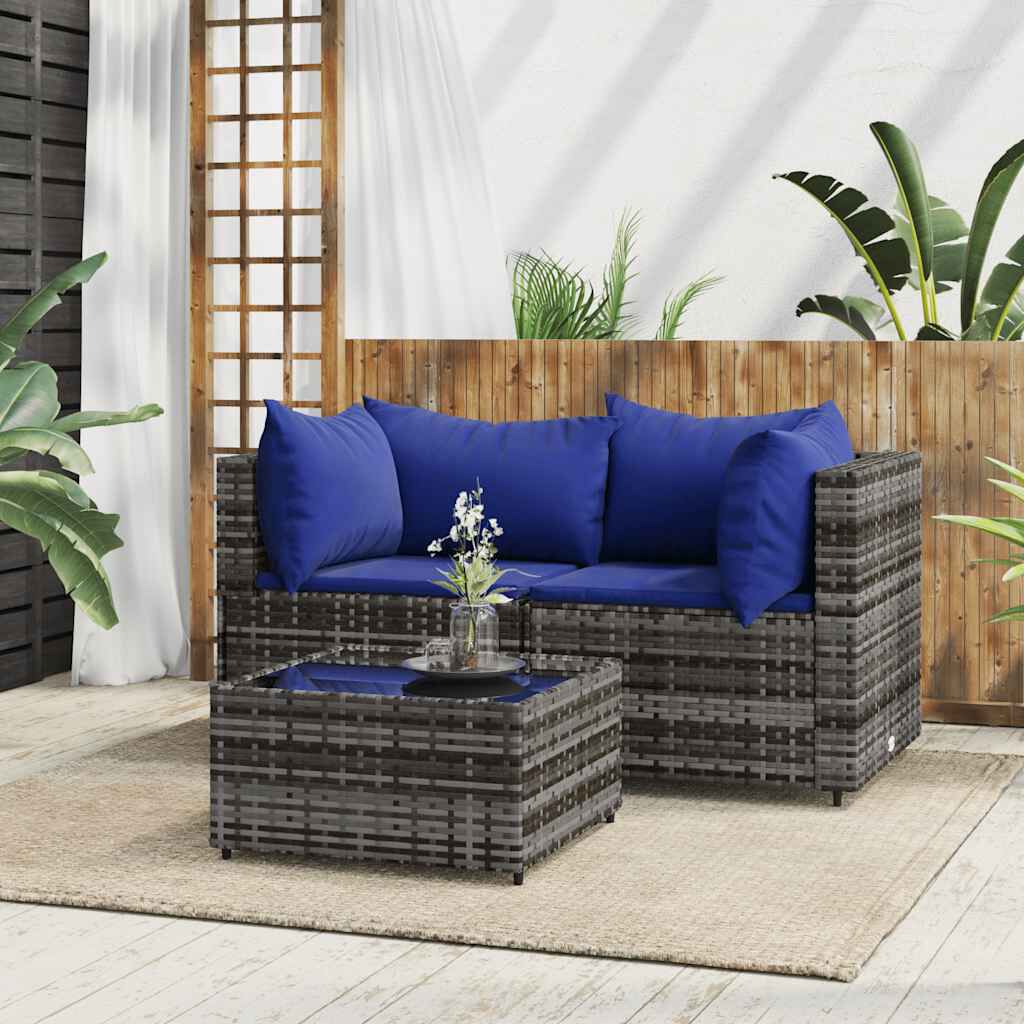 vidaXL 3 Piece Garden Lounge Set with Cushions Grey Poly Rattan
