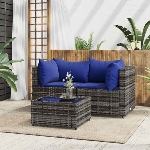 vidaXL 3 Piece Garden Lounge Set with Cushions Grey Poly Rattan