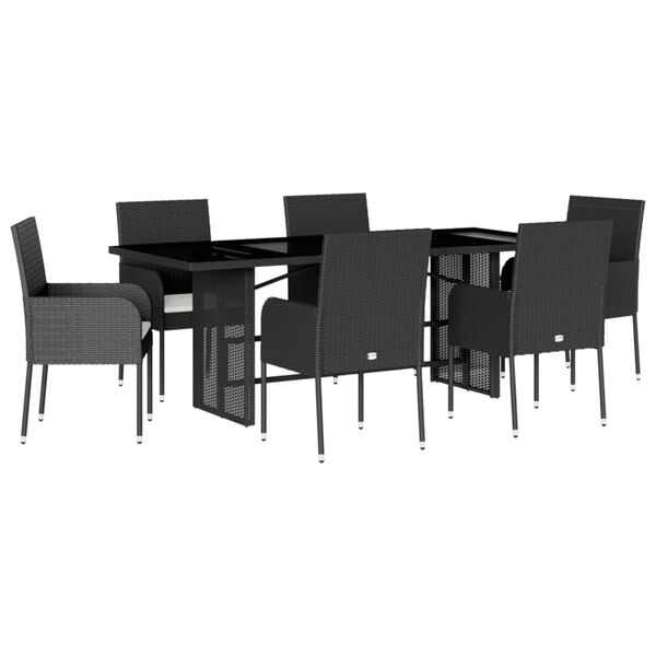 vidaXL 7 Piece Garden Dining Set with Cushions Black Poly Rattan