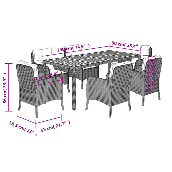 vidaXL 7 Piece Garden Dining Set with Cushions Grey Poly Rattan