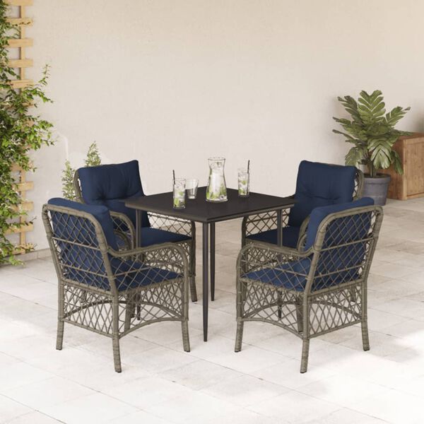 vidaXL 5 Piece Garden Dining Set with Cushions Grey Poly Rattan