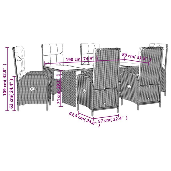 vidaXL 7 Piece Garden Dining Set with Cushions Grey Poly Rattan
