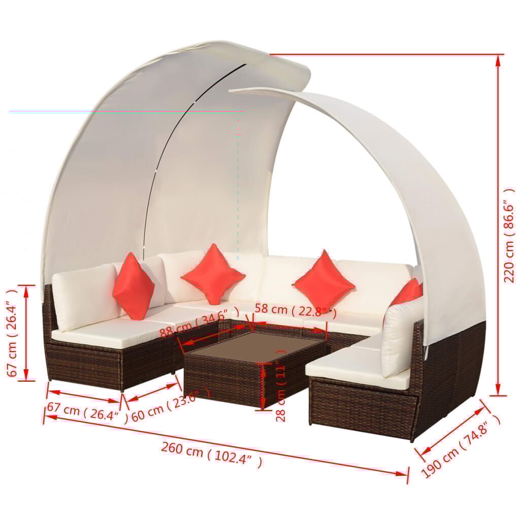 vidaXL 9 Piece Garden Lounge Set with Canopies Poly Rattan Brown
