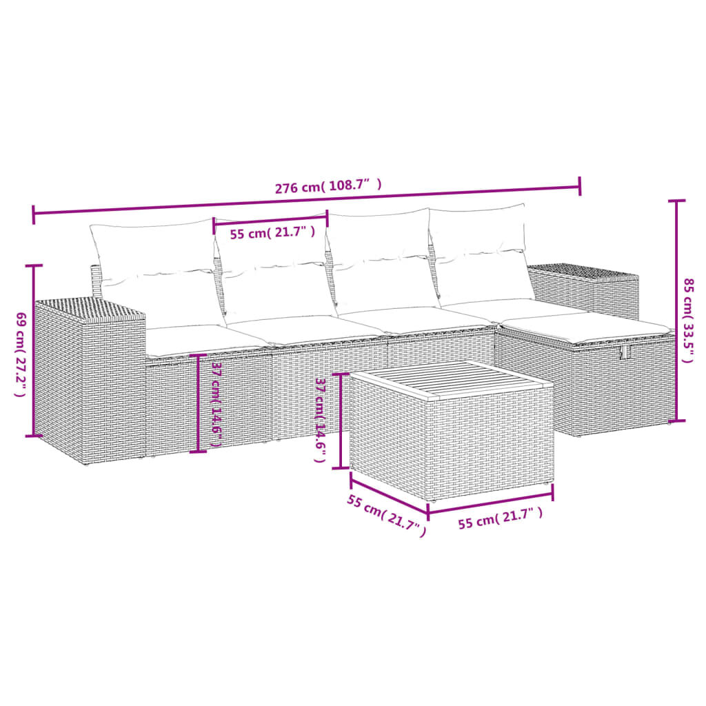 vidaXL 6 Piece Garden Sofa Set with Cushions Grey Poly Rattan