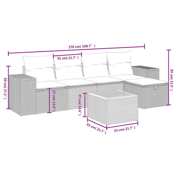 vidaXL 6 Piece Garden Sofa Set with Cushions Grey Poly Rattan