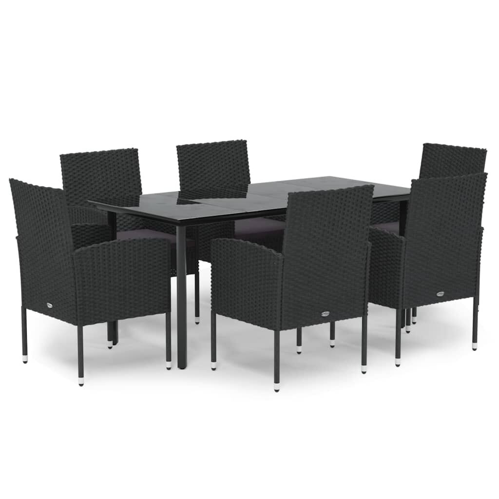 vidaXL 7 Piece Garden Dining Set with Cushions Black Poly Rattan