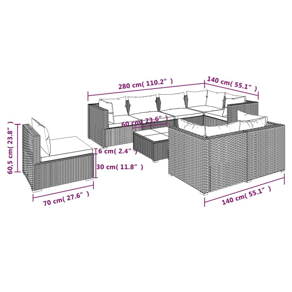 vidaXL 9 Piece Garden Lounge Set with Cushions Poly Rattan Grey