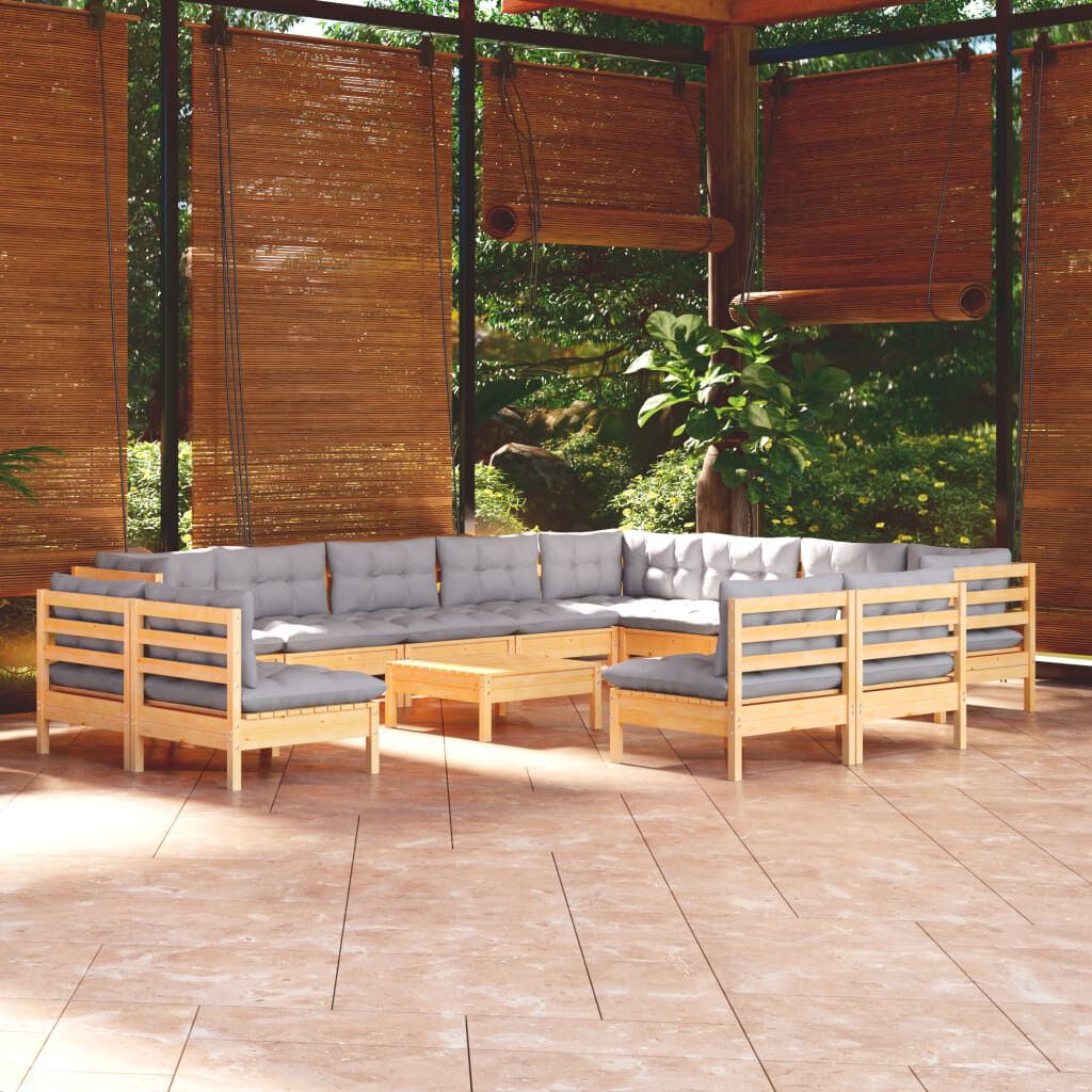 vidaXL 13 Piece Garden Lounge Set with Grey Cushions Solid Pinewood