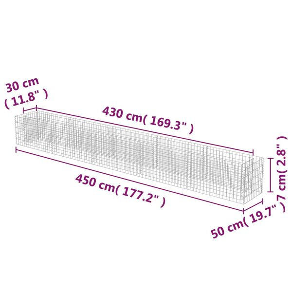 vidaXL Gabion Raised Bed Galvanised Steel 450x50x50 cm