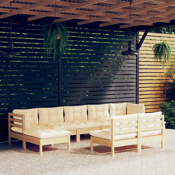 vidaXL 9 Piece Garden Lounge Set with Cream Cushions Pinewood