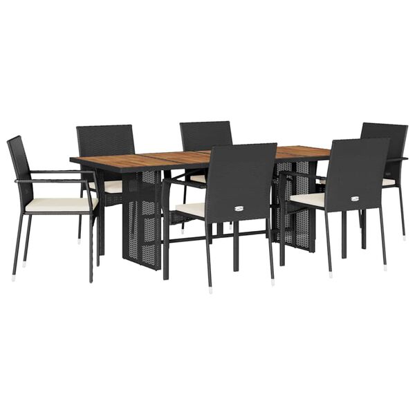 vidaXL 7 Piece Garden Dining Set with Cushions Black Poly Rattan