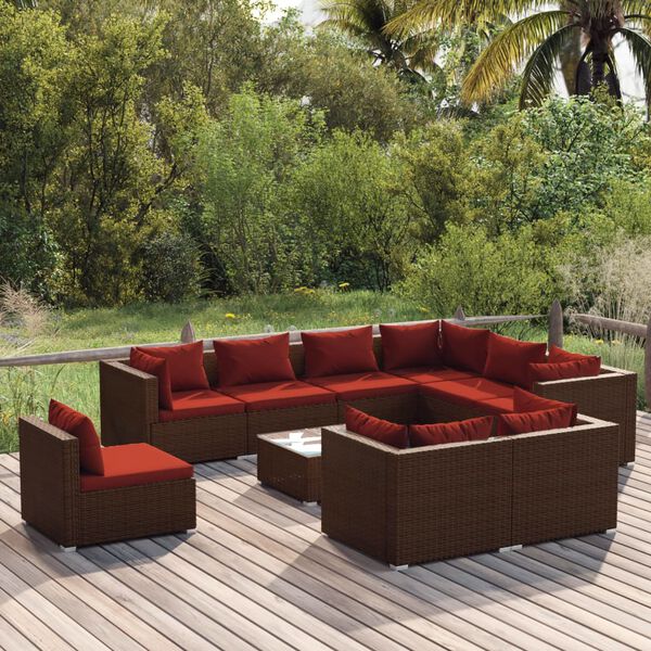 vidaXL 10 Piece Garden Lounge Set with Cushions Poly Rattan Brown