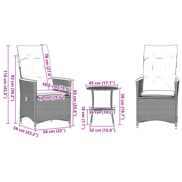 vidaXL 3 Piece Bistro Set with Cushions Grey Poly Rattan