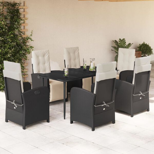 vidaXL 7 Piece Garden Dining Set with Cushions Black Poly Rattan