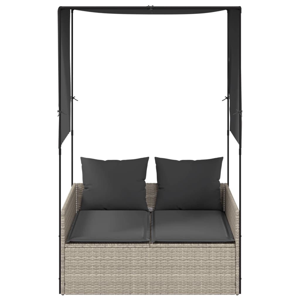 vidaXL Double Sun Lounger with Roof and Curtains Light Grey Poly Rattan