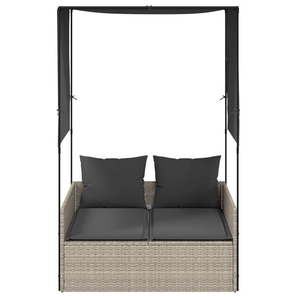 vidaXL Double Sun Lounger with Roof and Curtains Light Grey Poly Rattan