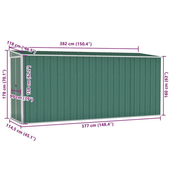 vidaXL Wall-mounted Garden Shed Green 118x382x178 cm Galvanised Steel