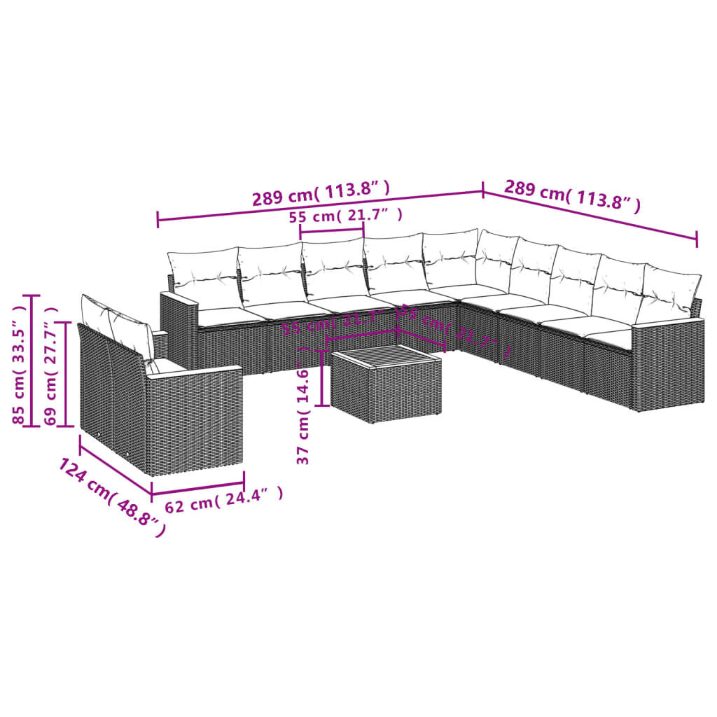 vidaXL 12 Piece Garden Sofa Set with Cushions Black Poly Rattan