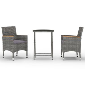 vidaXL 3 Piece Garden Bistro Set Poly Rattan and Tempered Glass Grey