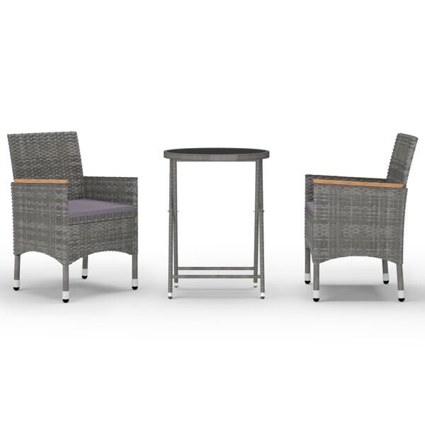 vidaXL 3 Piece Garden Bistro Set Poly Rattan and Tempered Glass Grey