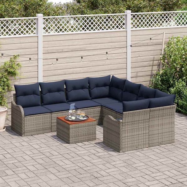 vidaXL Garden Sofa Set with Cushion 9 pcs Grey Poly Rattan