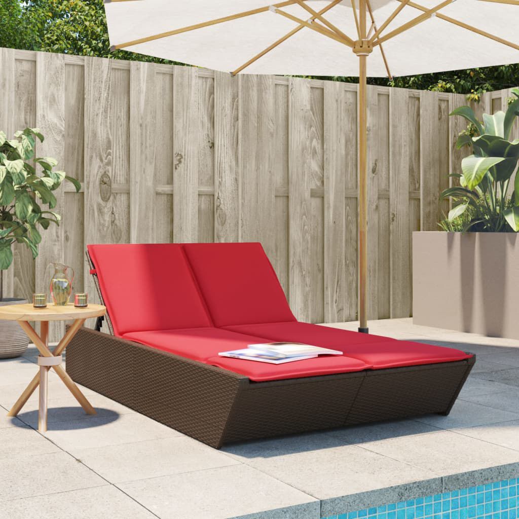 vidaXL Double Sun Lounger with Cushions Brown Poly Rattan