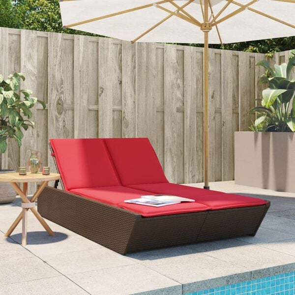 vidaXL Double Sun Lounger with Cushions Brown Poly Rattan