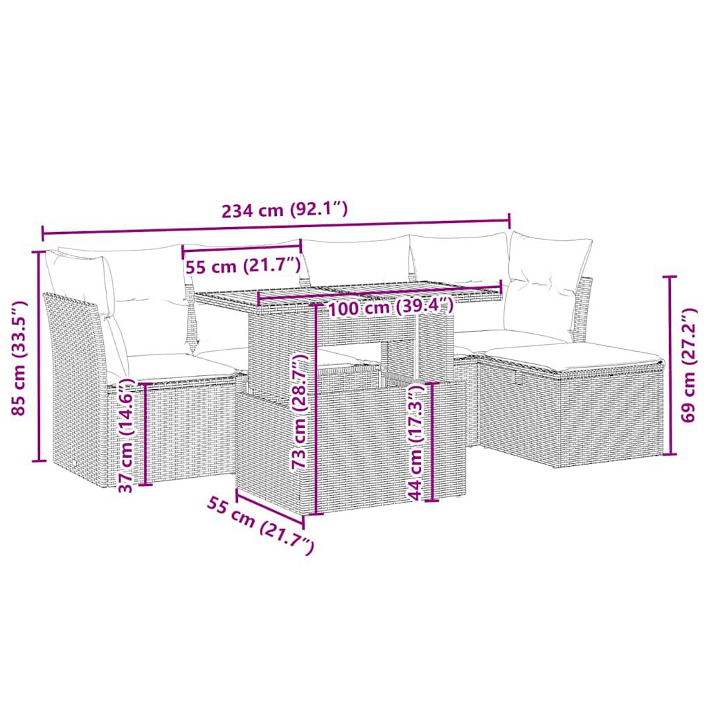 vidaXL 6 Piece Garden Sofa Set with Cushions Beige Poly Rattan