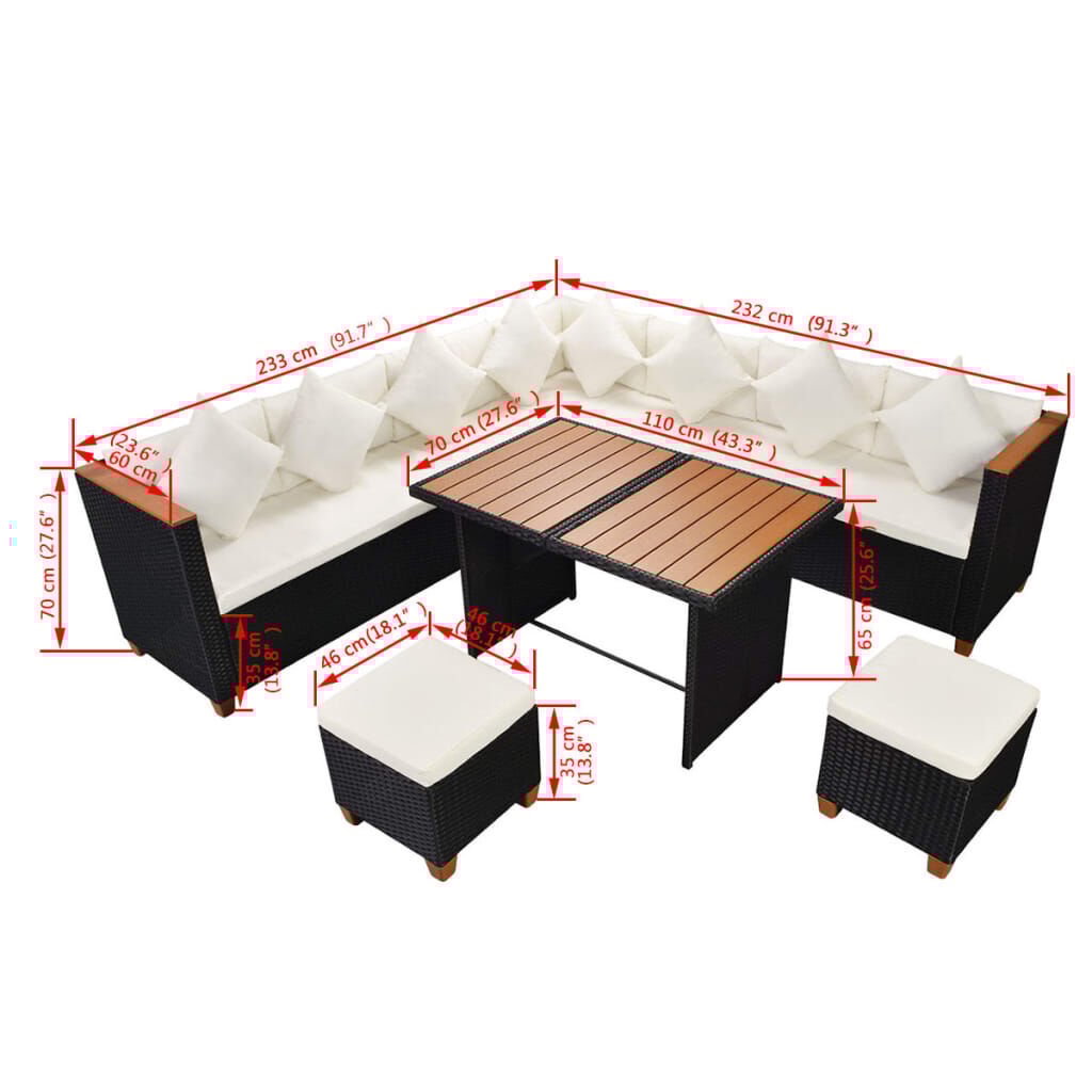 vidaXL 7 Piece Garden Lounge Set with Cushions Poly Rattan Black