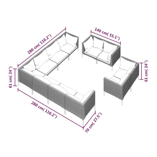 vidaXL 11 Piece Garden Lounge Set with Cushions Poly Rattan Dark Grey