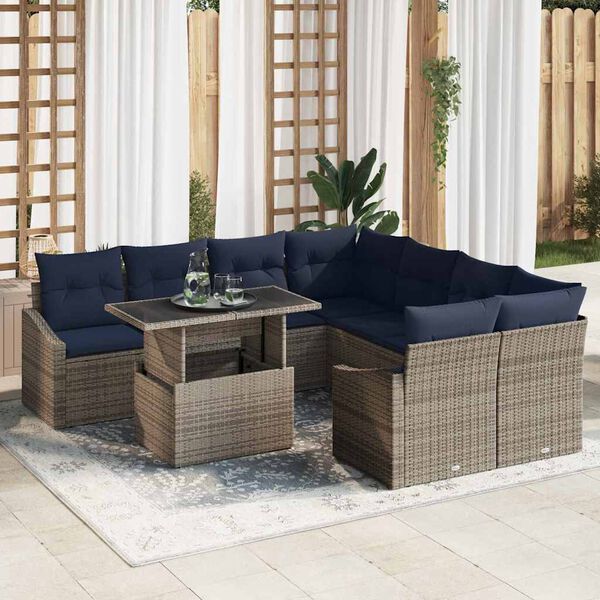 vidaXL Garden Sofa Set 9 pcs Grey and Navy Blue Poly Rattan