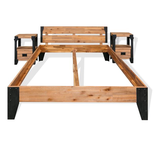 vidaXL Bed Frame with 2 Nightstands Solid Acacia Wood Steel 193x203 cm