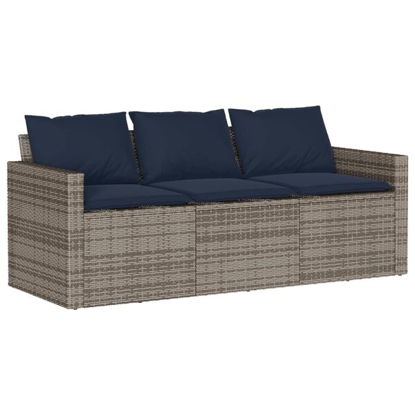 vidaXL Garden Sofa with Cushions 3-Seater Grey Poly Rattan